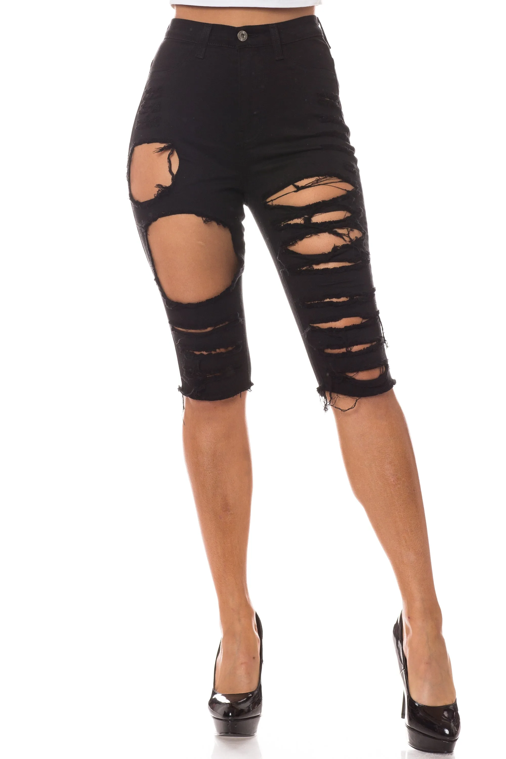 4222B Women's High Waisted Distressed Bermuda Shorts with Cut Outs