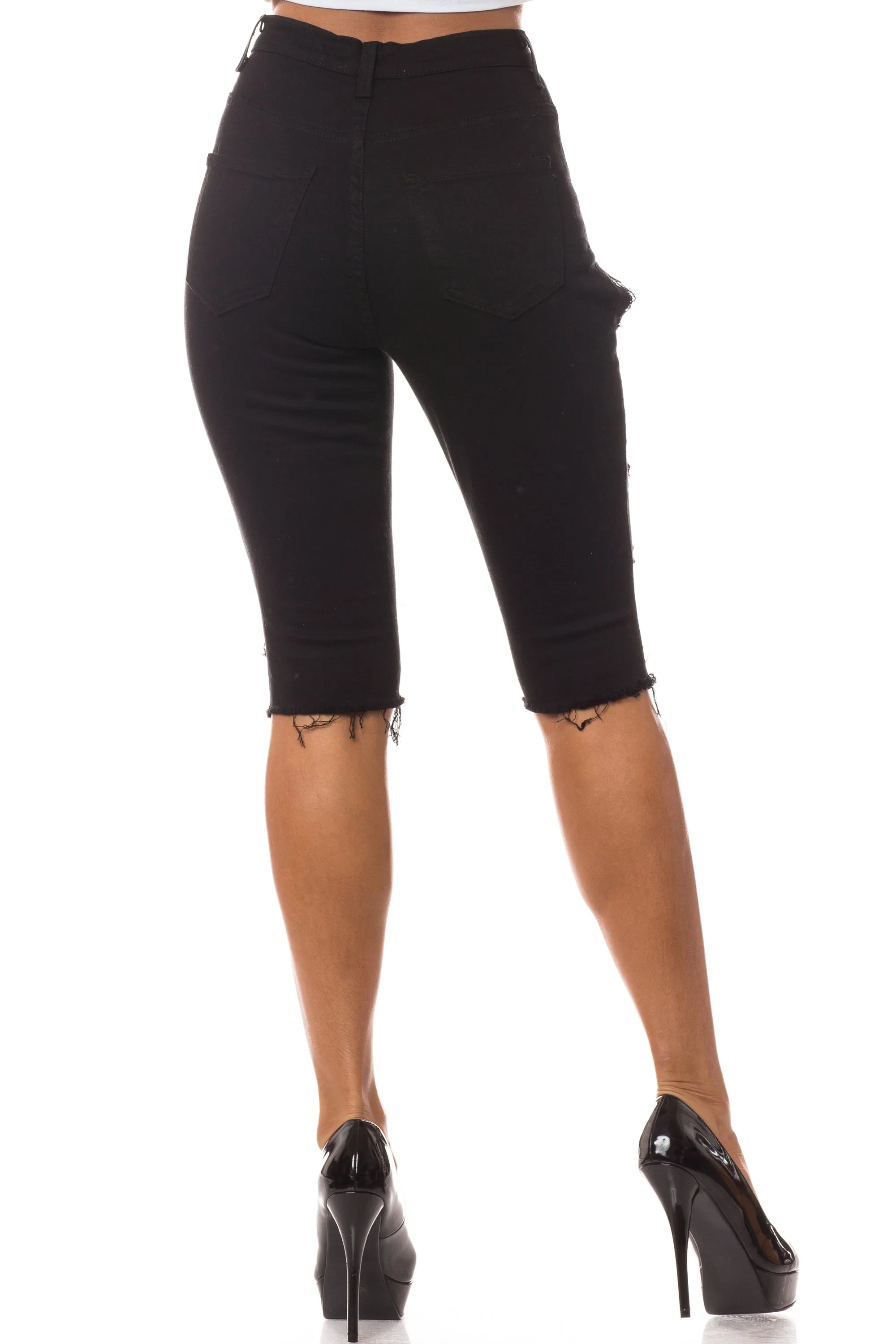 4222B Women's High Waisted Distressed Bermuda Shorts with Cut Outs