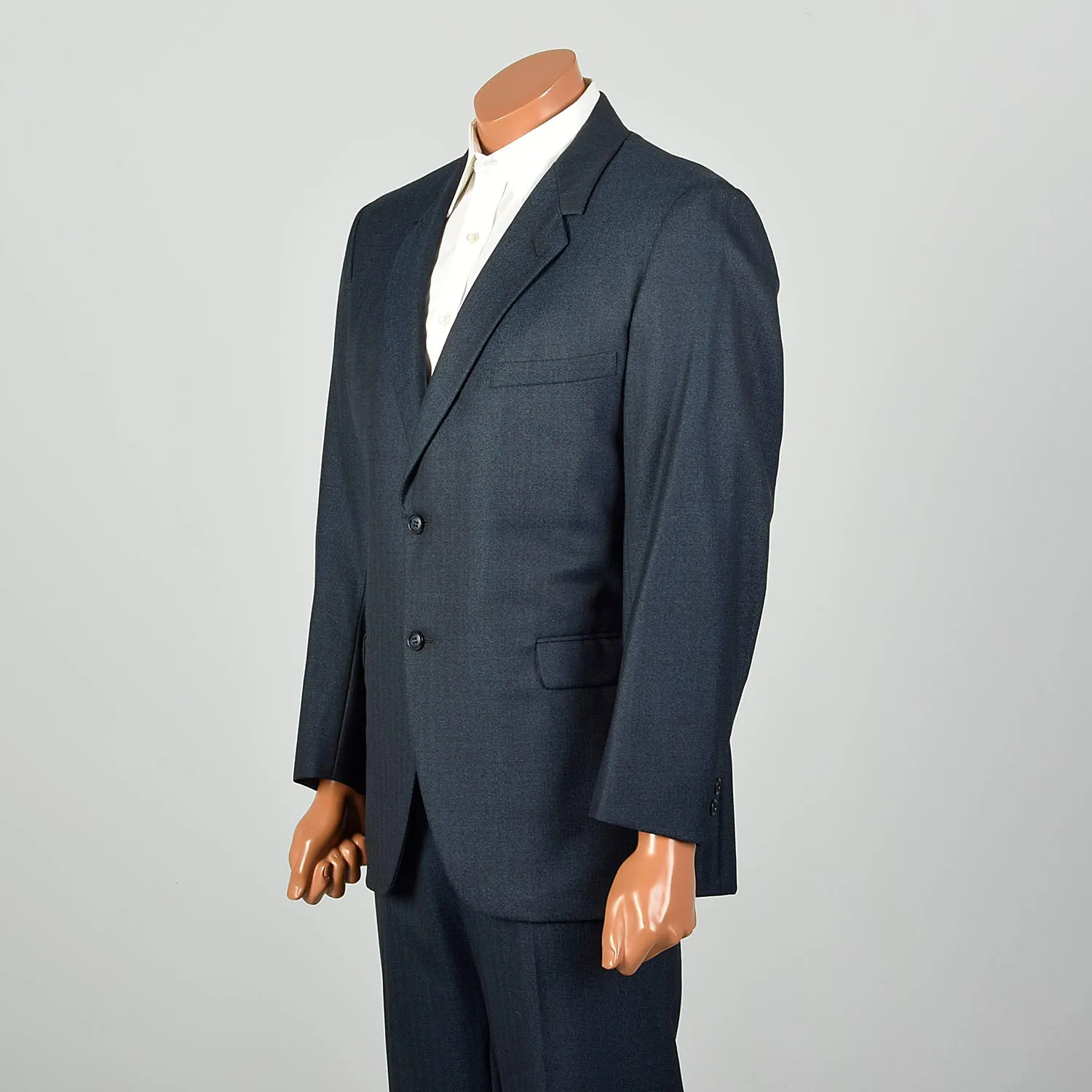 44L 1960s 2pc Suit Blue Herringbone 2 Button Slim Lapel Richman Brothers Flat Front Pants
