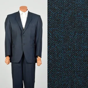 44L 1960s 2pc Suit Blue Herringbone 2 Button Slim Lapel Richman Brothers Flat Front Pants