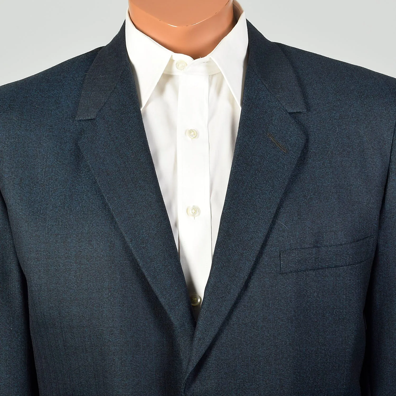 44L 1960s 2pc Suit Blue Herringbone 2 Button Slim Lapel Richman Brothers Flat Front Pants
