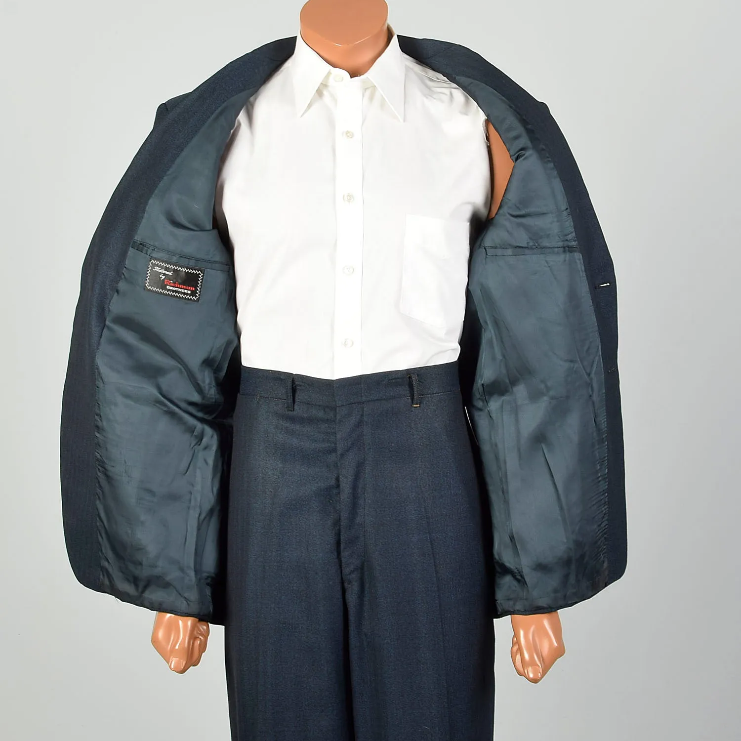 44L 1960s 2pc Suit Blue Herringbone 2 Button Slim Lapel Richman Brothers Flat Front Pants