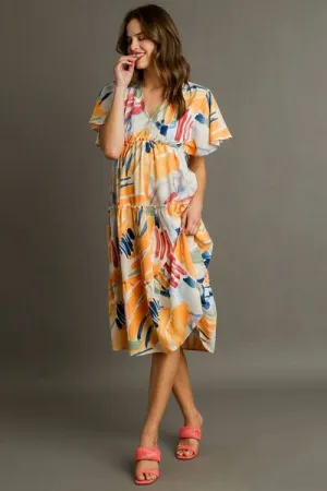 Abstract Print Flutter Sleeve Frill Tiered Midi Dress