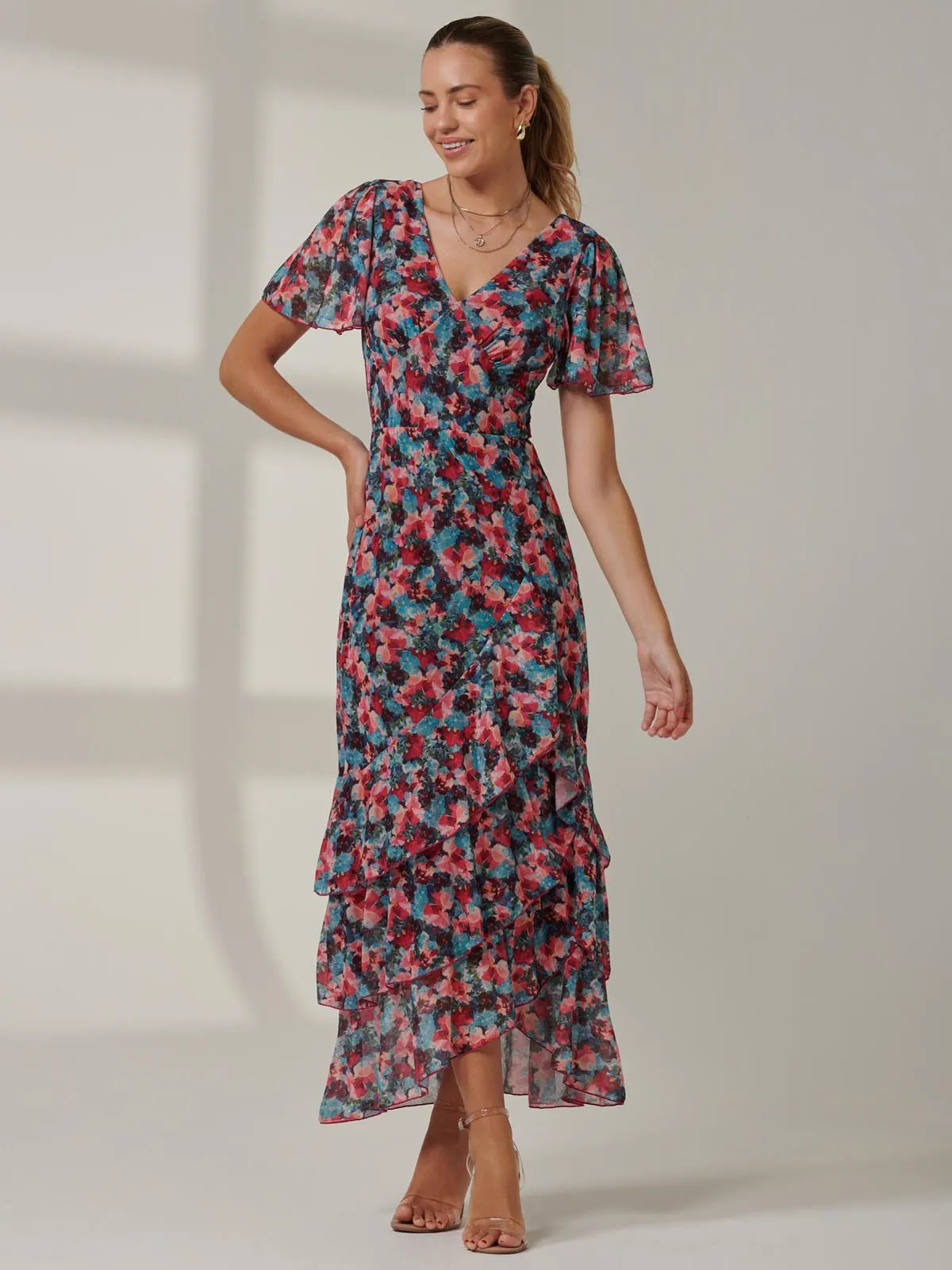 Angel Sleeve Tiered Hem Maxi Dress, Teal Multi