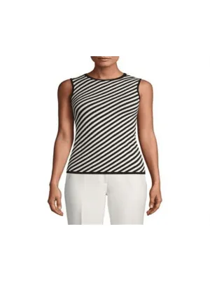 ANNE KLEIN Womens Black Striped Sleeveless Round Neck Wear To Work Tank Top