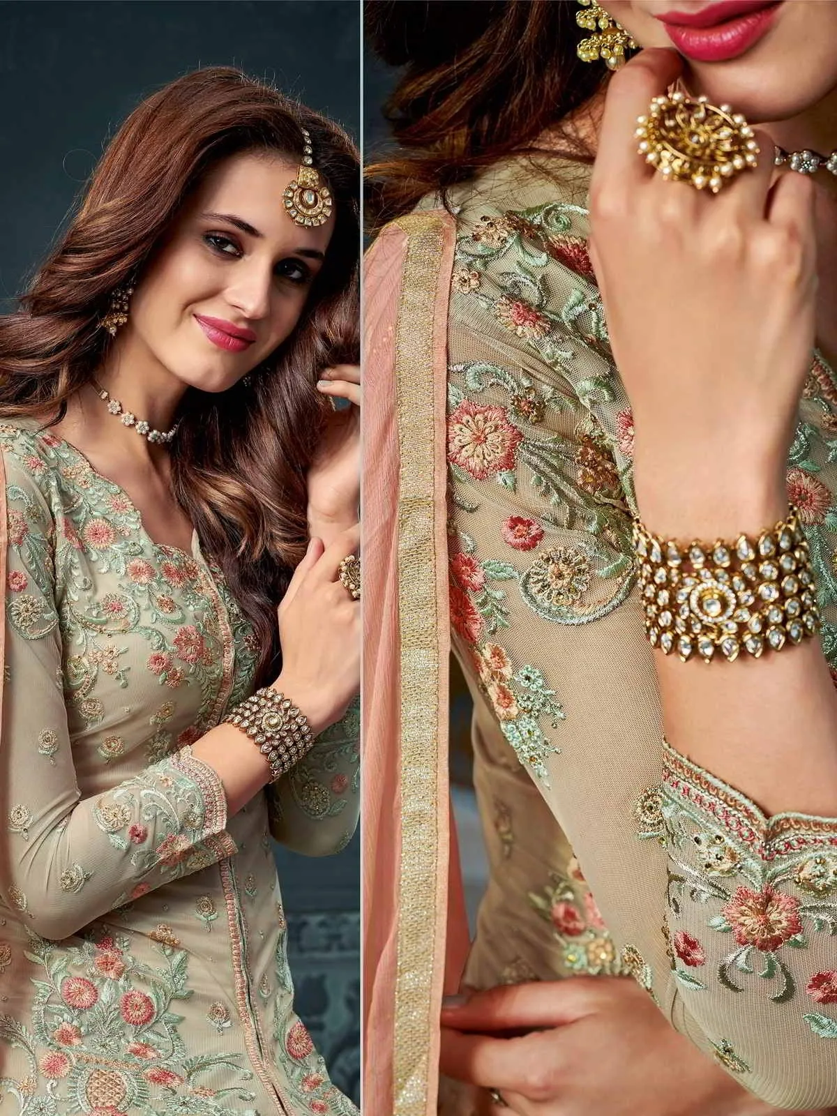 Beige And Peach Embroidered Palazzo Suit