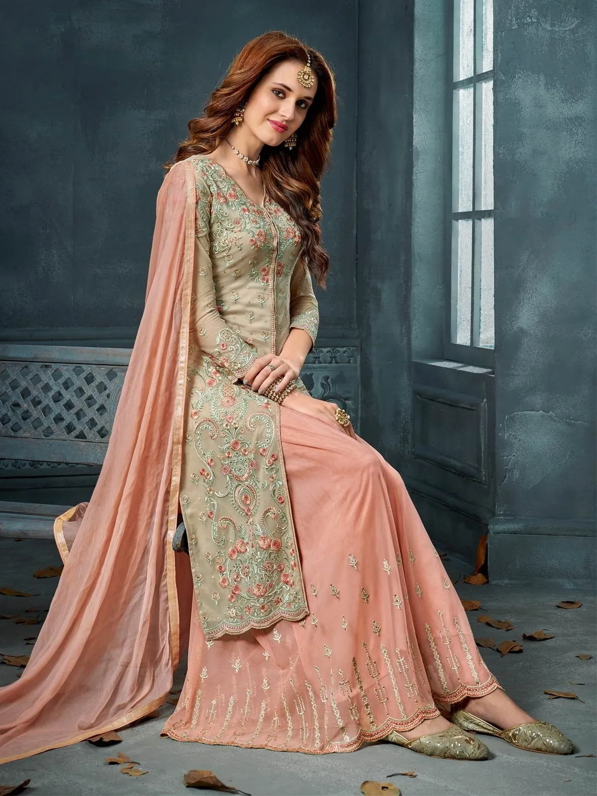 Beige And Peach Embroidered Palazzo Suit