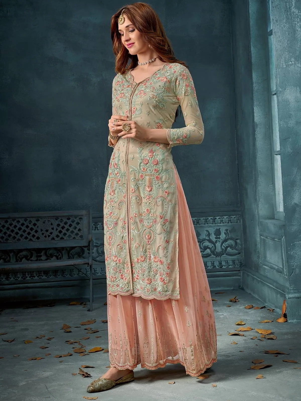 Beige And Peach Embroidered Palazzo Suit