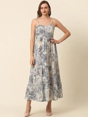Beige Conversational Printed Shoulder Straps Tiered Fit  Flare Maxi Dress