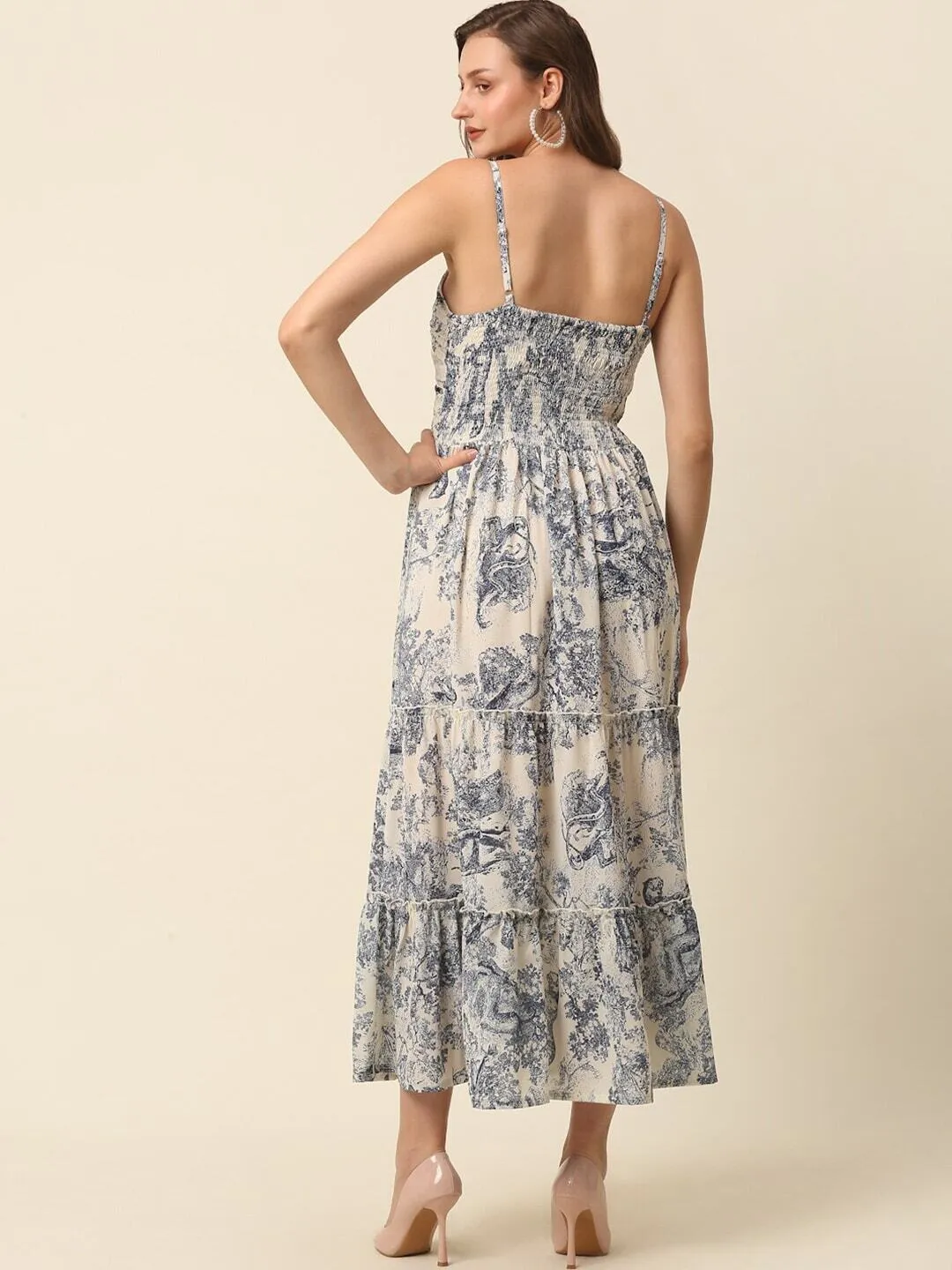 Beige Conversational Printed Shoulder Straps Tiered Fit  Flare Maxi Dress