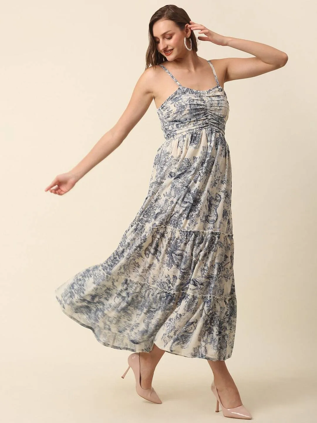 Beige Conversational Printed Shoulder Straps Tiered Fit  Flare Maxi Dress