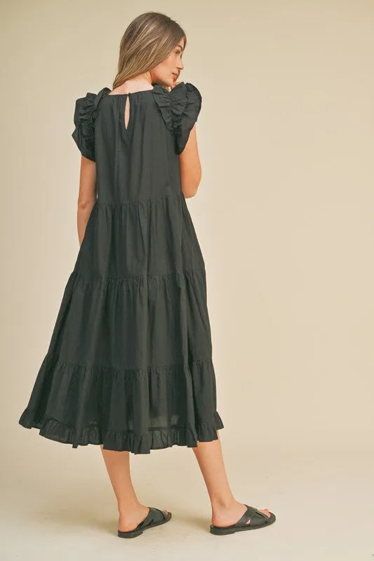 Black Flutter Sleeve Tiered Midi Dress