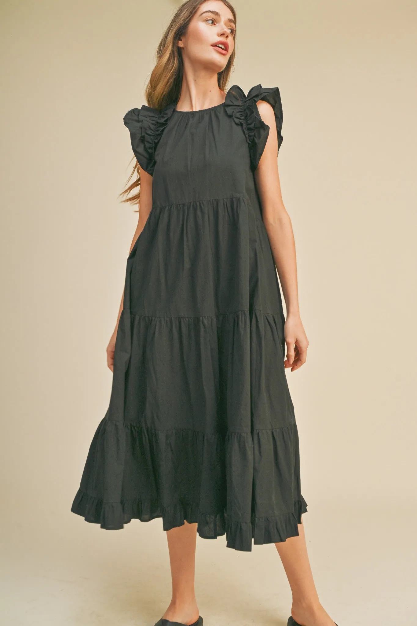 Black Flutter Sleeve Tiered Midi Dress