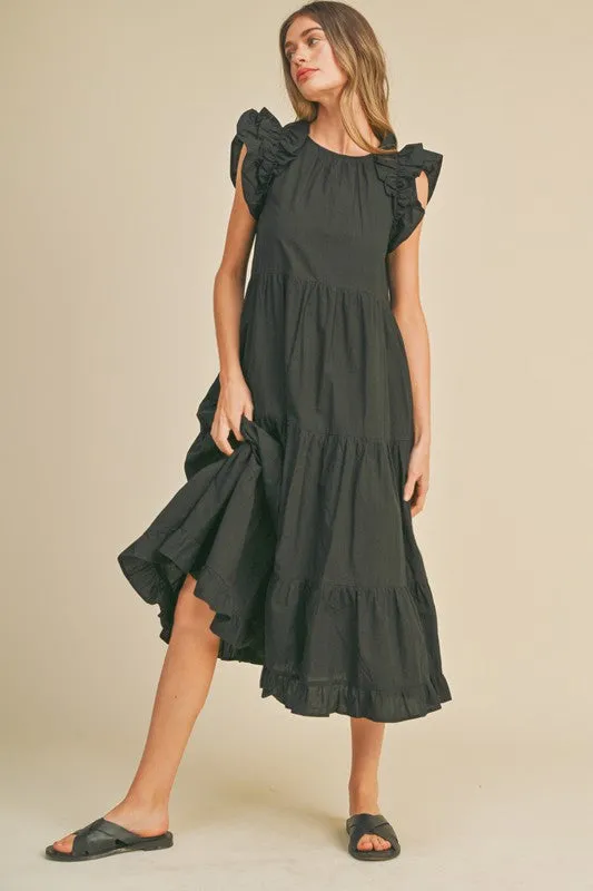Black Flutter Sleeve Tiered Midi Dress
