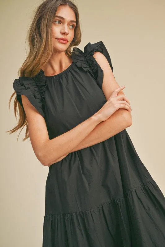 Black Flutter Sleeve Tiered Midi Dress