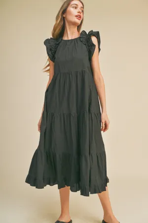Black Flutter Sleeve Tiered Midi Dress