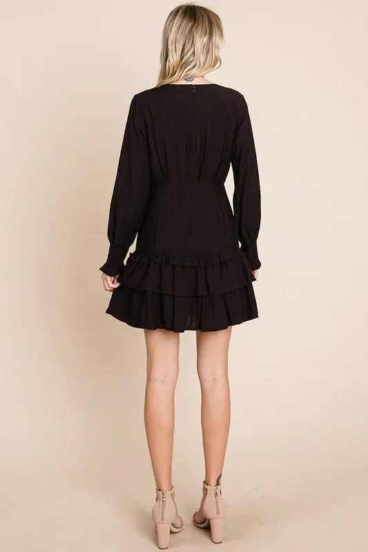 Black Tiered Hem Button Down Smocked Sleeve Dress