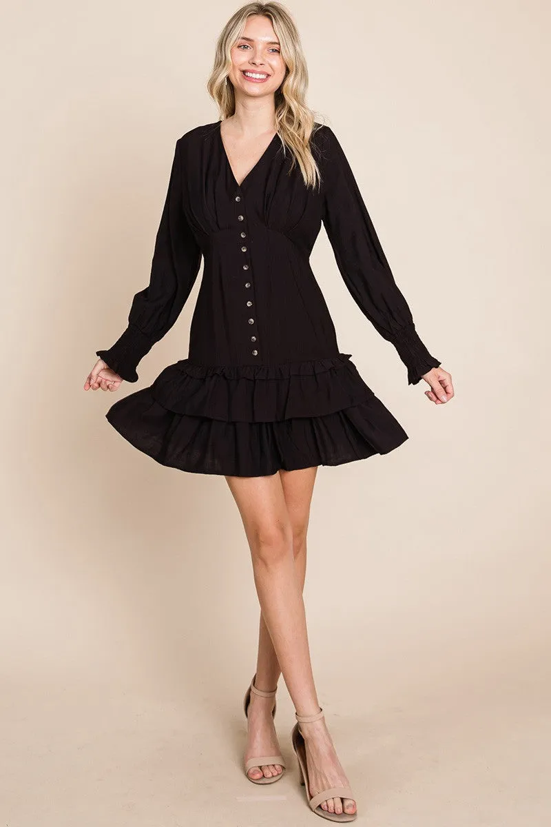 Black Tiered Hem Button Down Smocked Sleeve Dress