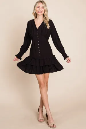 Black Tiered Hem Button Down Smocked Sleeve Dress