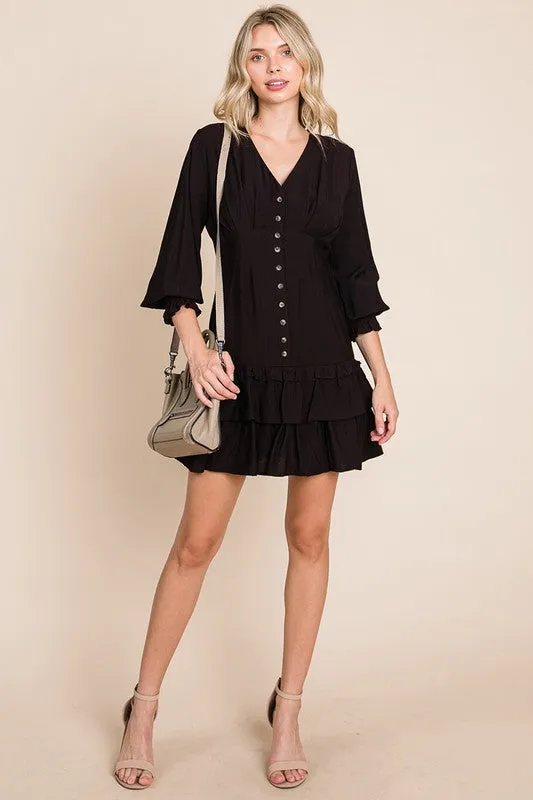 Black Tiered Hem Button Down Smocked Sleeve Dress