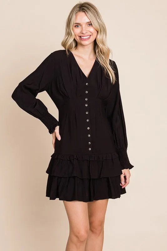 Black Tiered Hem Button Down Smocked Sleeve Dress