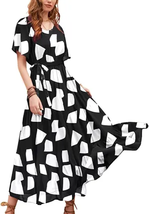 Black White Lace Knotted on the Left Women Casual Loose Bohemian Floral Dress with Pockets Short Sleeve Long Maxi Summer Beach Swing Dress - Yesno