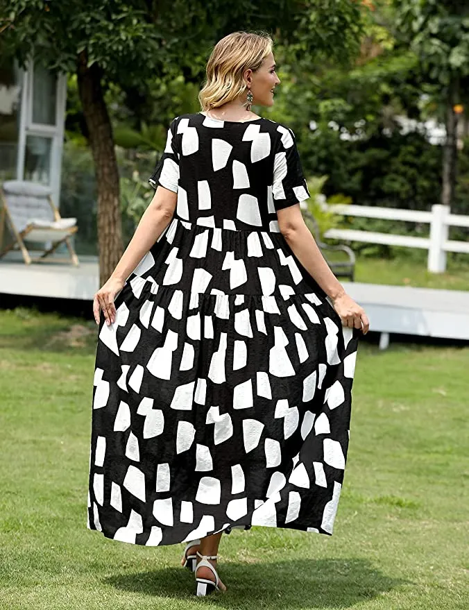 Black White Lace Knotted on the Left Women Casual Loose Bohemian Floral Dress with Pockets Short Sleeve Long Maxi Summer Beach Swing Dress - Yesno