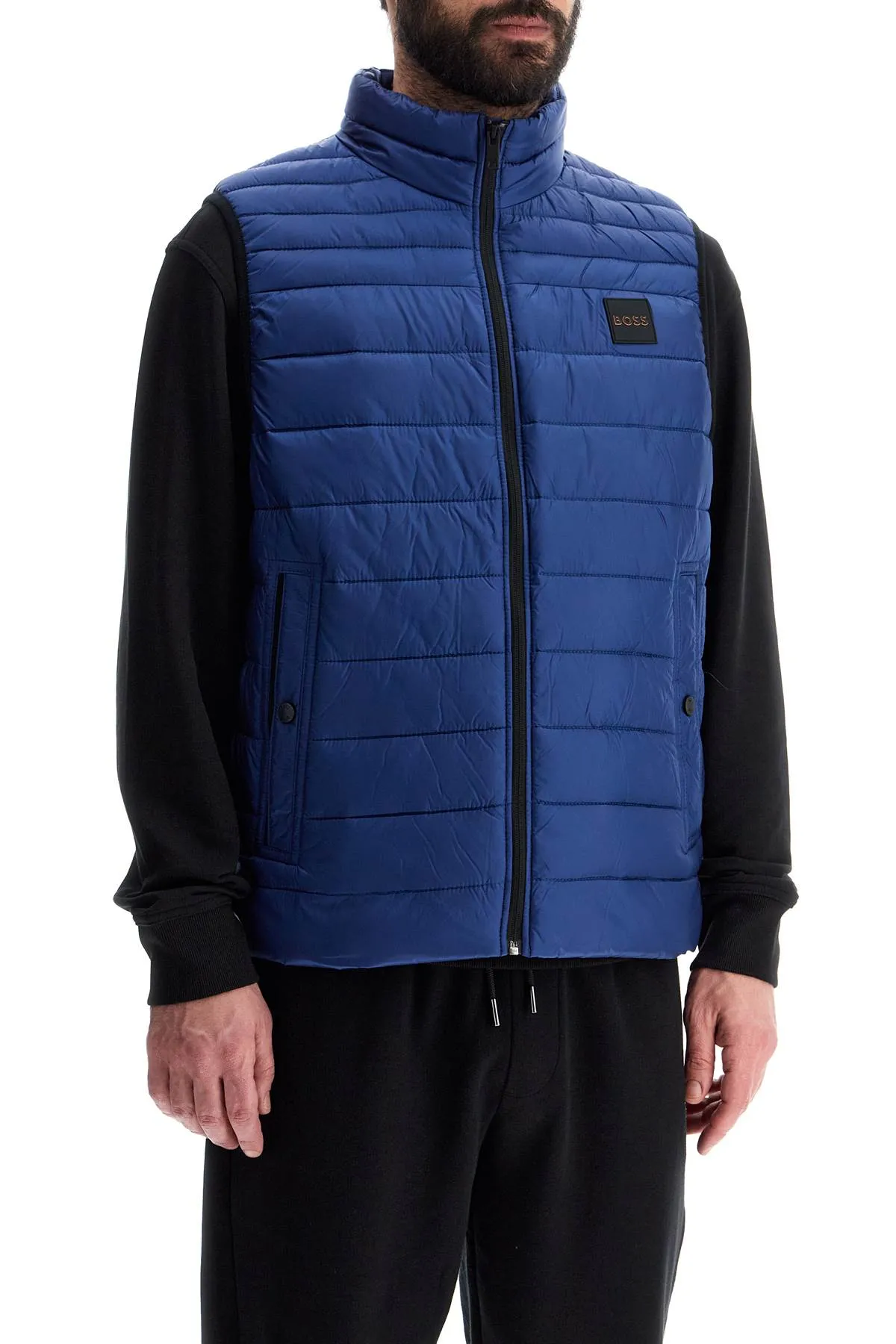 BLUE STRIPED PADDED GILET WITH HIGH COLLAR