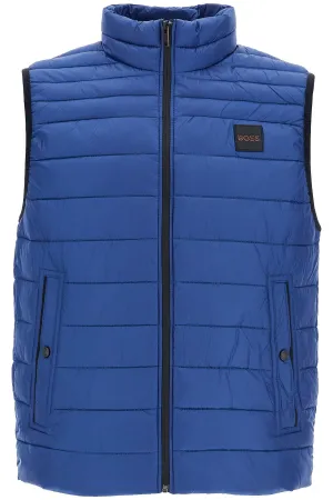 BLUE STRIPED PADDED GILET WITH HIGH COLLAR