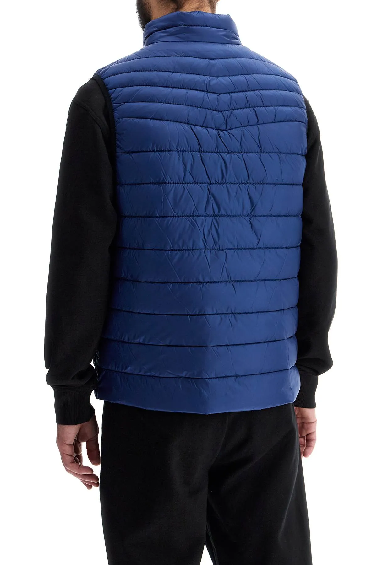 BLUE STRIPED PADDED GILET WITH HIGH COLLAR