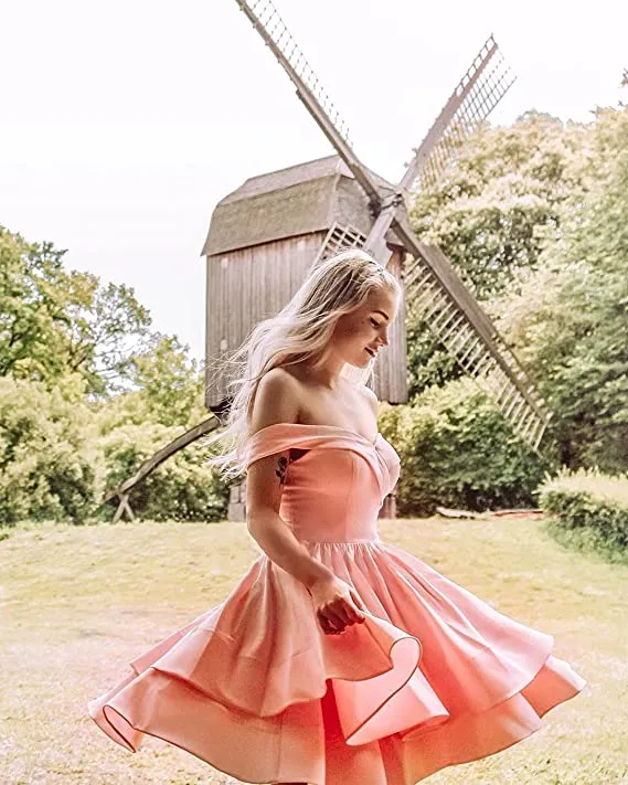 Blush Off Shoulder Short Prom Dress Satin Homecoming Dresses for Teens A Line Cocktail Party Gowns Mini Dress - Homdor