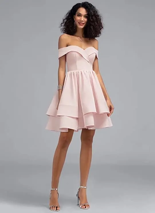 Blush Off Shoulder Short Prom Dress Satin Homecoming Dresses for Teens A Line Cocktail Party Gowns Mini Dress - Homdor