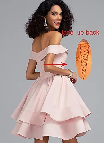 Blush Off Shoulder Short Prom Dress Satin Homecoming Dresses for Teens A Line Cocktail Party Gowns Mini Dress - Homdor