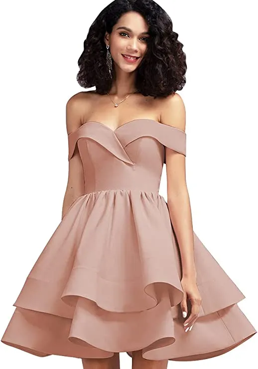 Blush Off Shoulder Short Prom Dress Satin Homecoming Dresses for Teens A Line Cocktail Party Gowns Mini Dress - Homdor