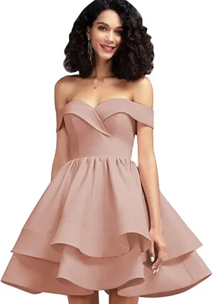 Blush Off Shoulder Short Prom Dress Satin Homecoming Dresses for Teens A Line Cocktail Party Gowns Mini Dress - Homdor