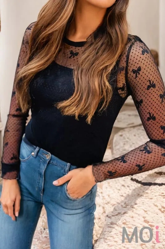 Bow Pattern Accent Mesh Long Sleeve Top
