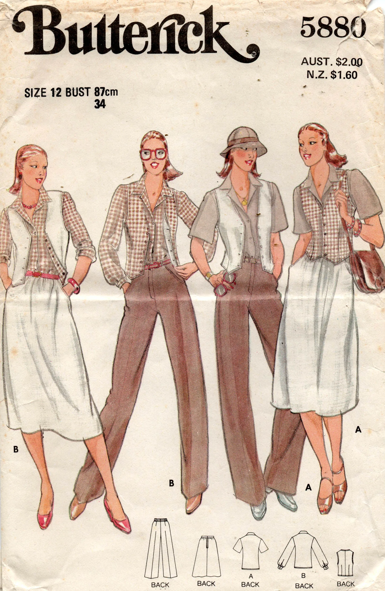 Butterick 5880 Womens Vest Pants Shirt & Skirt 1970s Vintage Sewing Pattern Size 12 Bust 34 inches