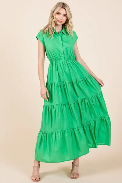 Button Up Tiered Maxi Shirt Dress
