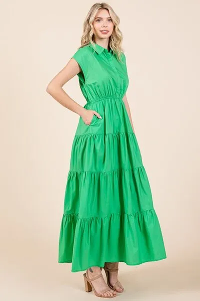 Button Up Tiered Maxi Shirt Dress