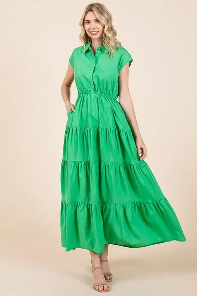 Button Up Tiered Maxi Shirt Dress
