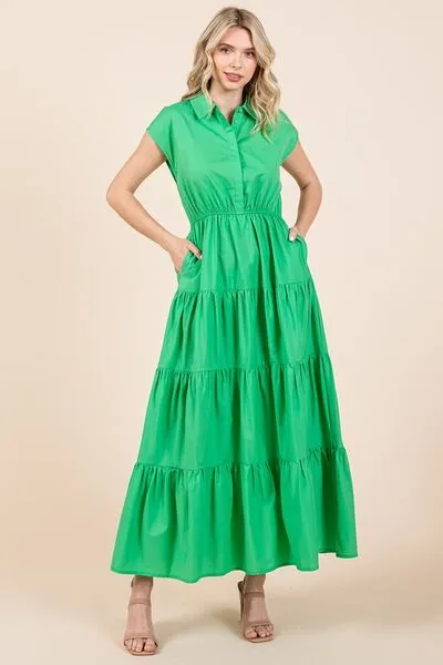 Button Up Tiered Maxi Shirt Dress