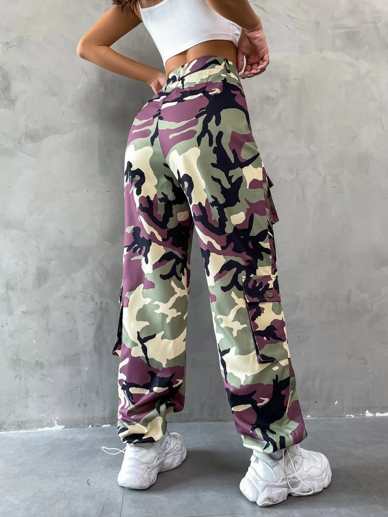 Camo Print Zipper Cargo Pants