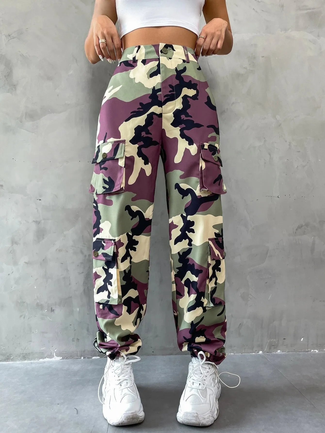 Camo Print Zipper Cargo Pants