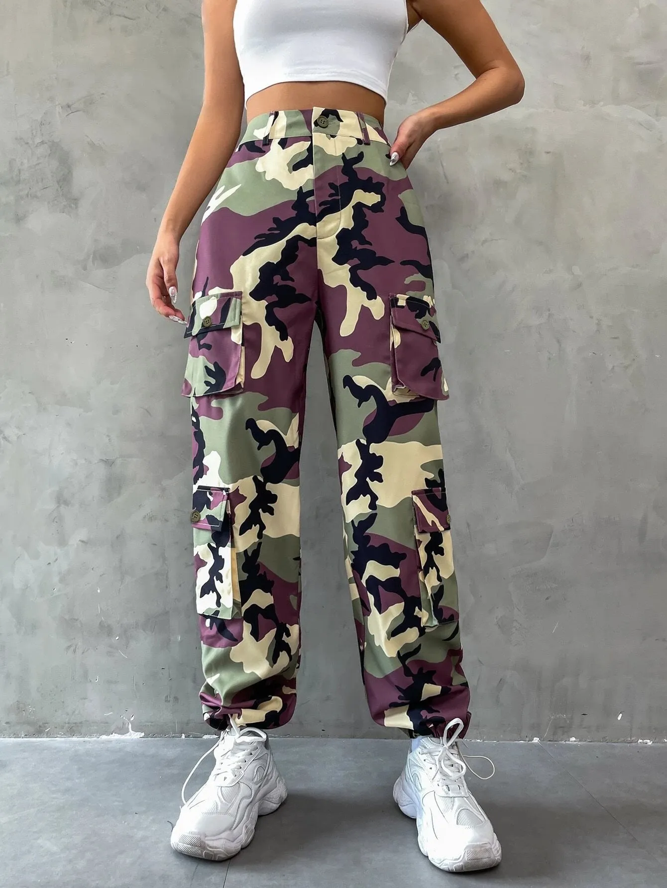 Camo Print Zipper Cargo Pants