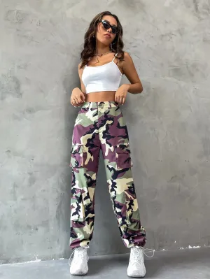 Camo Print Zipper Cargo Pants