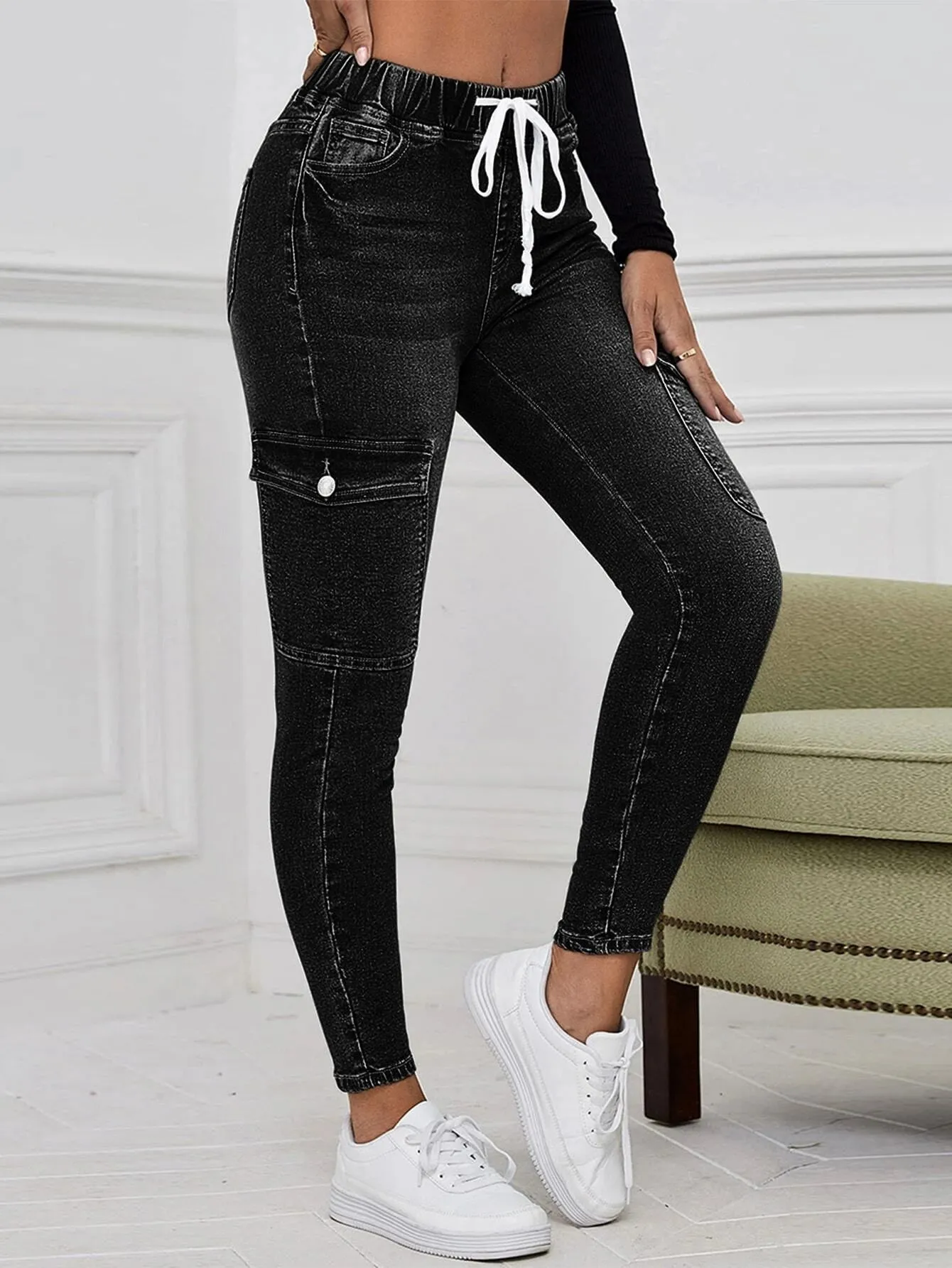 Cargo Jeans With Drawstring Waist And Flap Pockets
