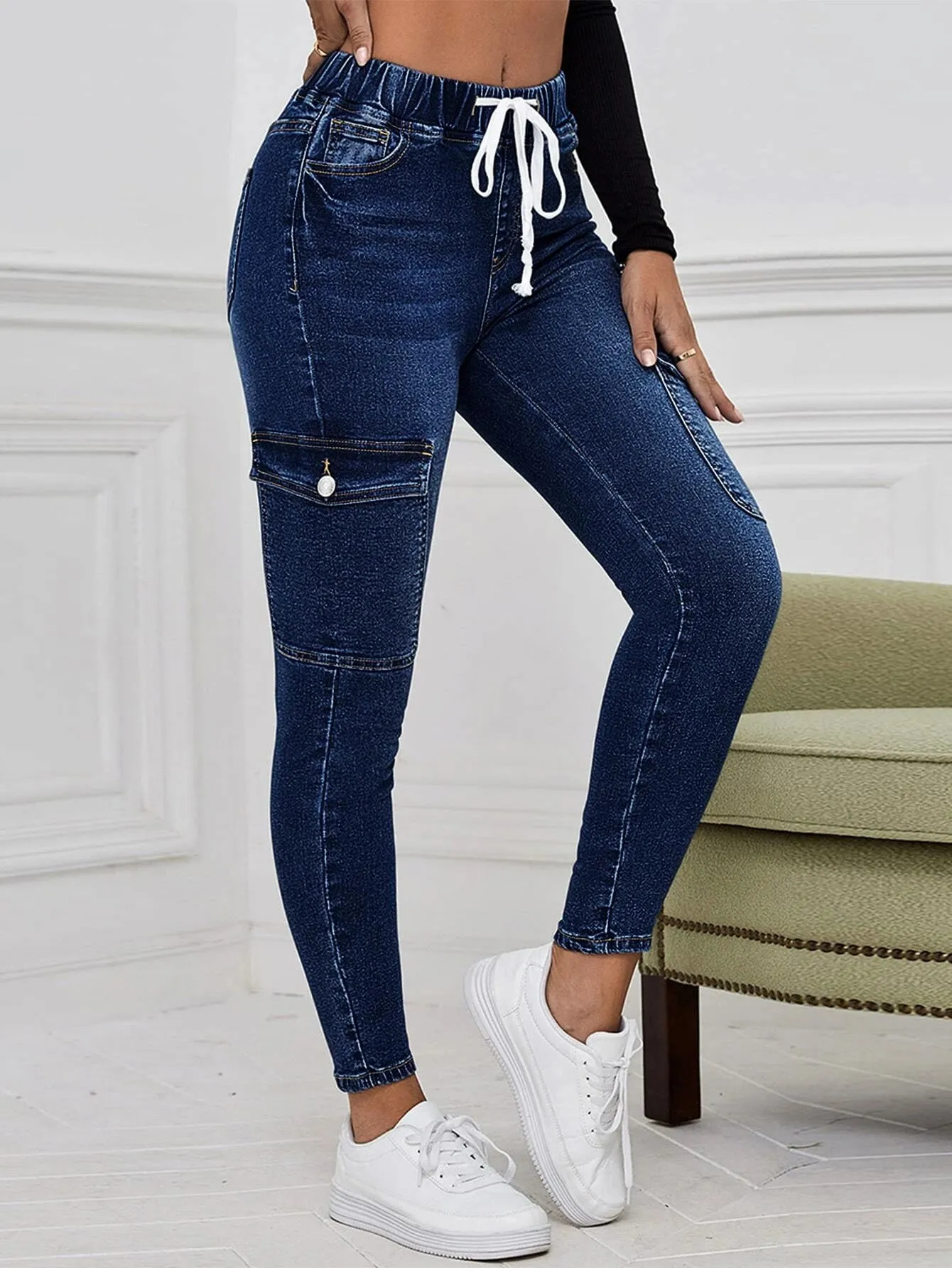 Cargo Jeans With Drawstring Waist And Flap Pockets