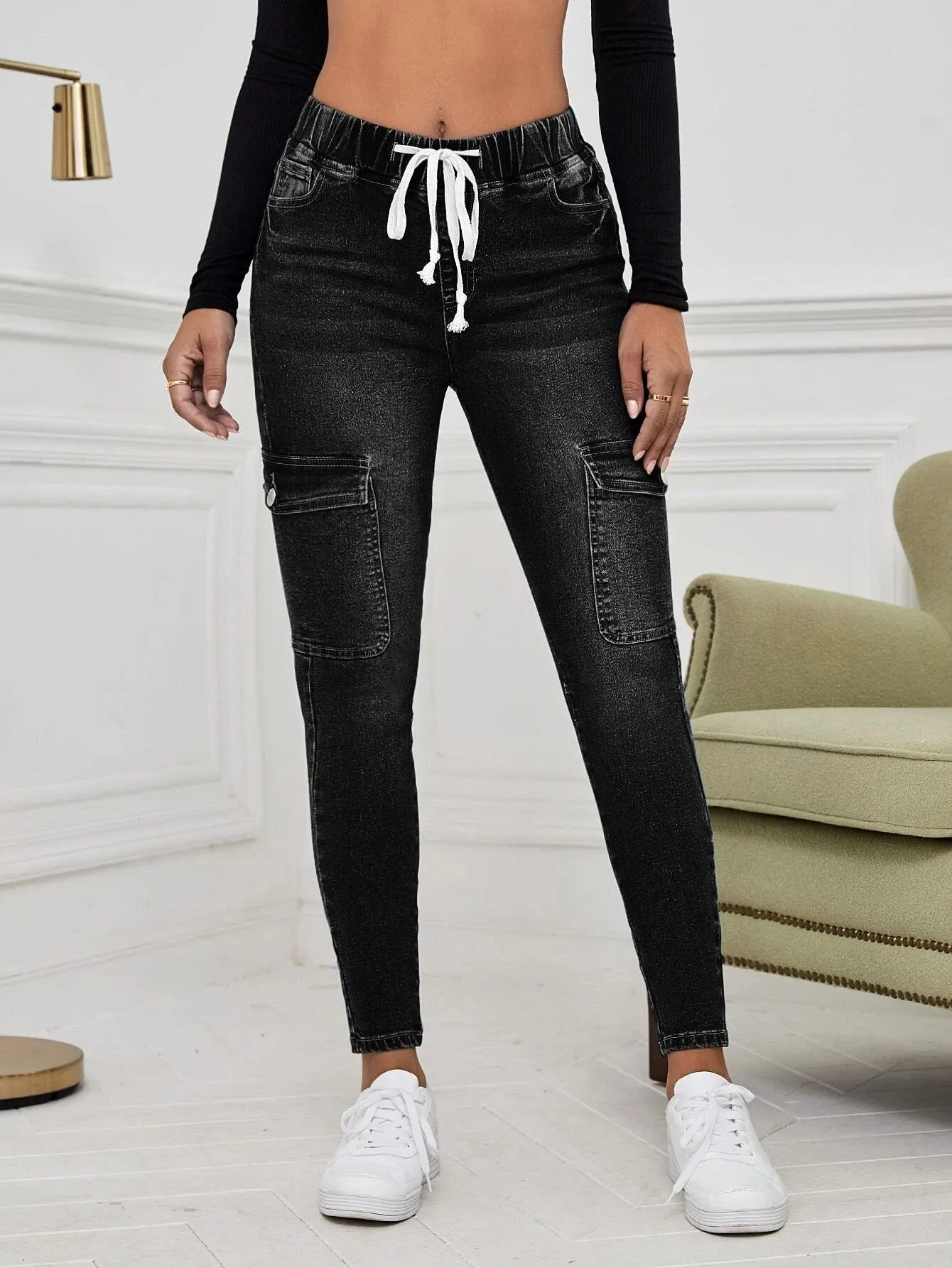 Cargo Jeans With Drawstring Waist And Flap Pockets