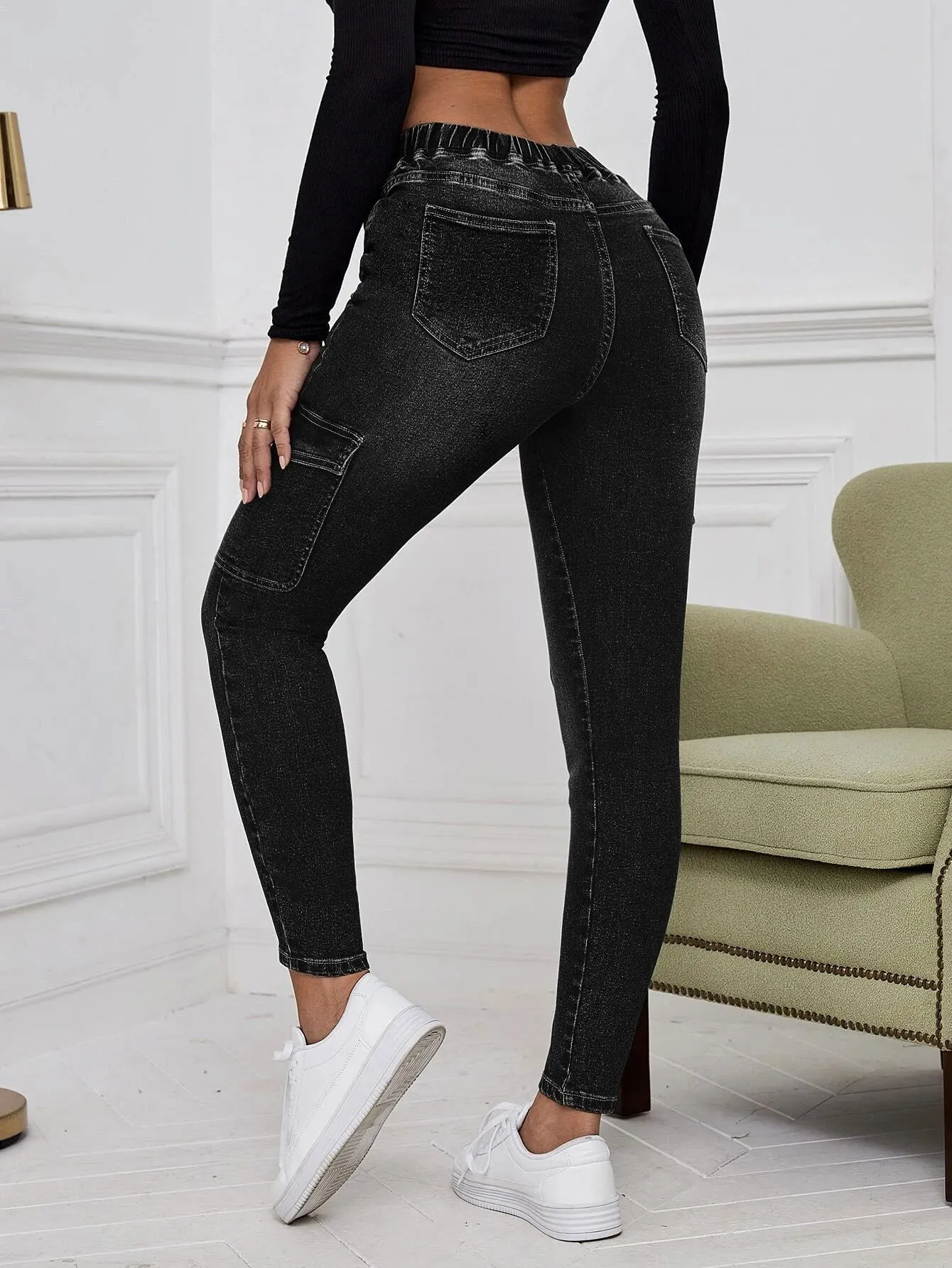 Cargo Jeans With Drawstring Waist And Flap Pockets