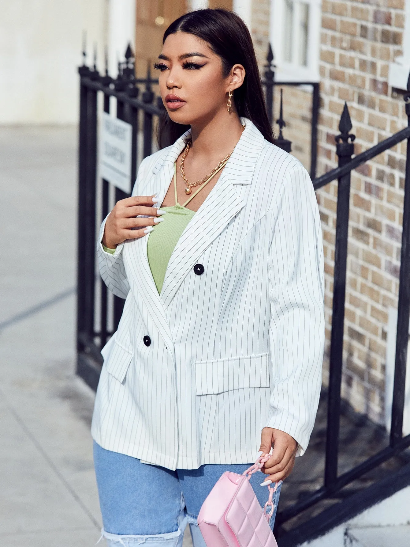 Casual Striped Double Button Long Sleeve Lapel Regular Plus Size Blazer
